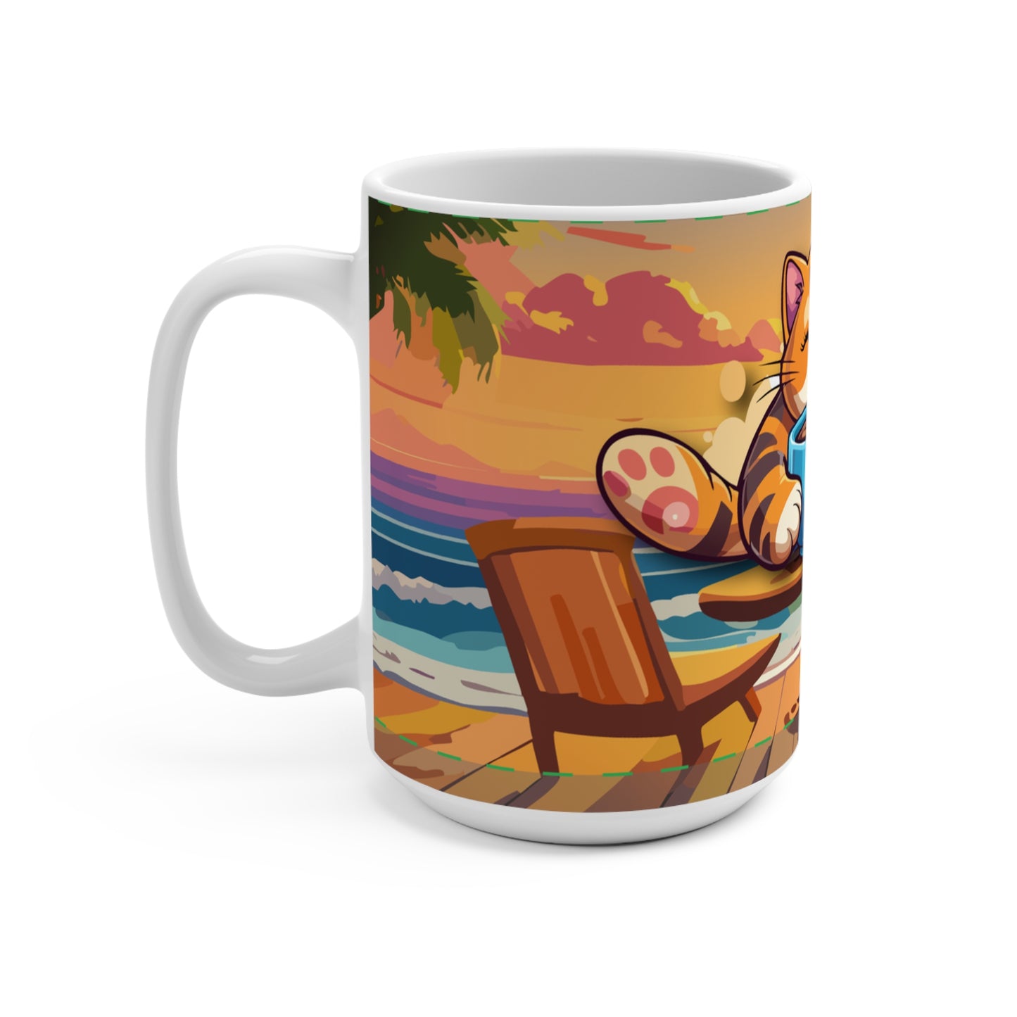 Cozy Cat Mug 15oz - Perfect for Cat Lovers Relaxing by the Sea