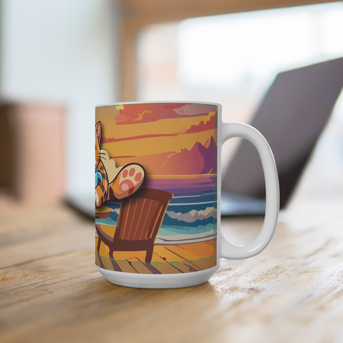 Cozy Cat Mug 15oz - Perfect for Cat Lovers Relaxing by the Sea