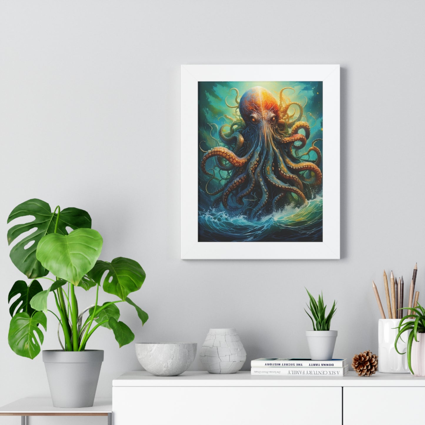 Octopus Art Print - Framed Vertical Poster for Nautical Decor