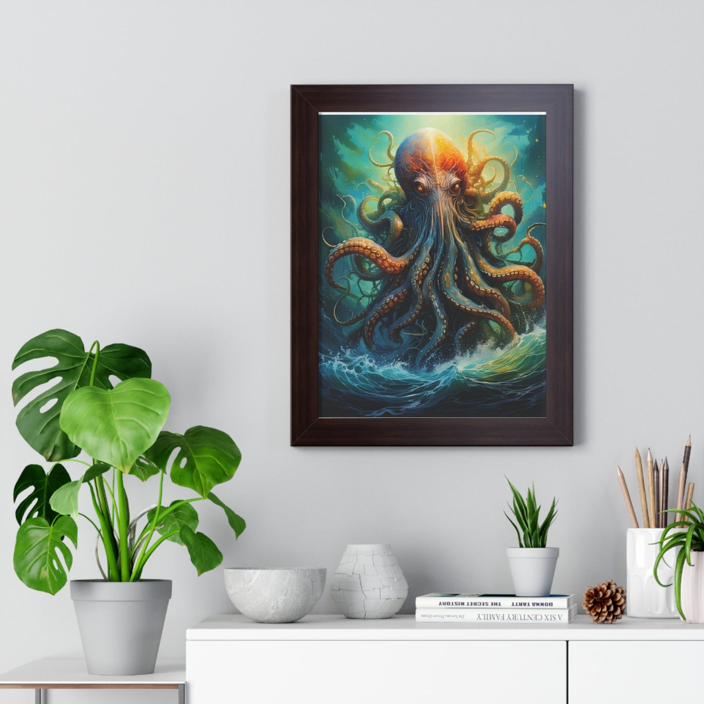 Octopus Art Print - Framed Vertical Poster for Nautical Decor