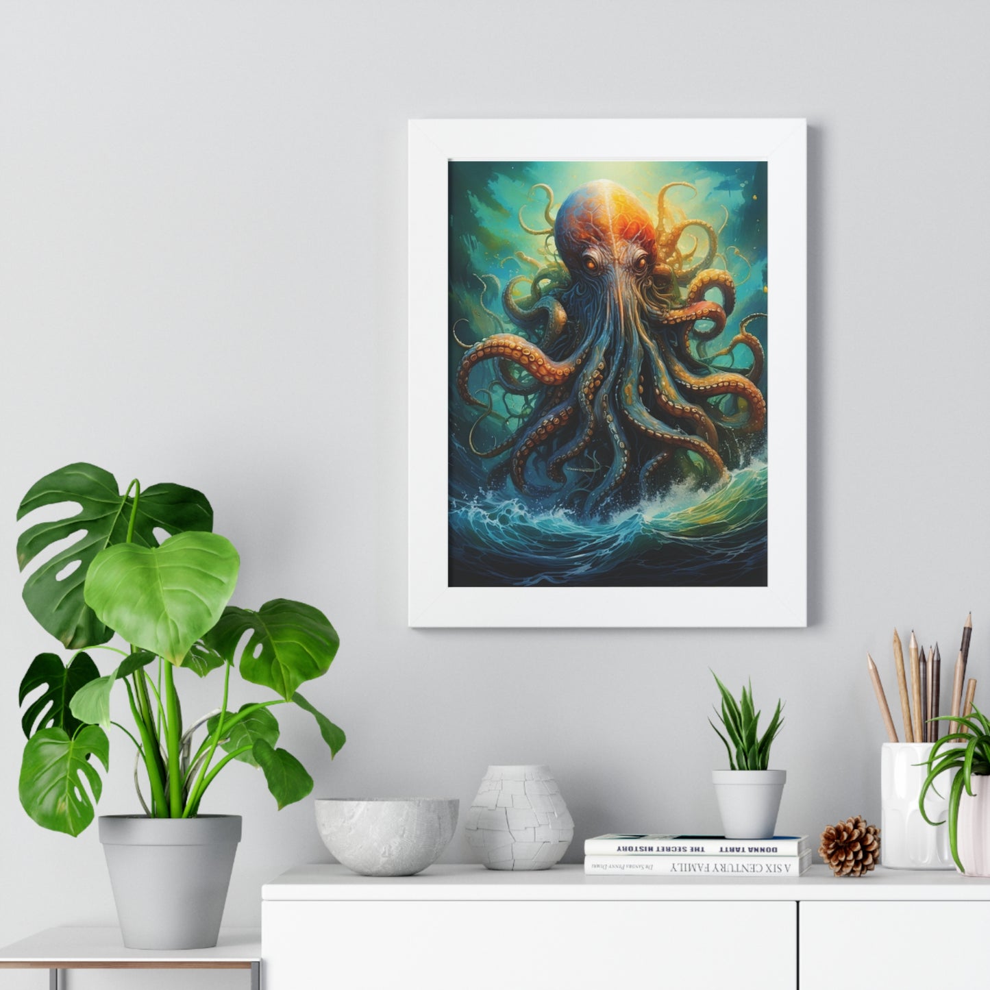 Octopus Art Print - Framed Vertical Poster for Nautical Decor